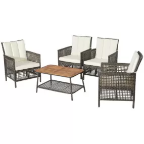 5 Pieces Patio Rattan Furniture Set Cushioned Sofa Armrest Wooden Tabletop-Off White