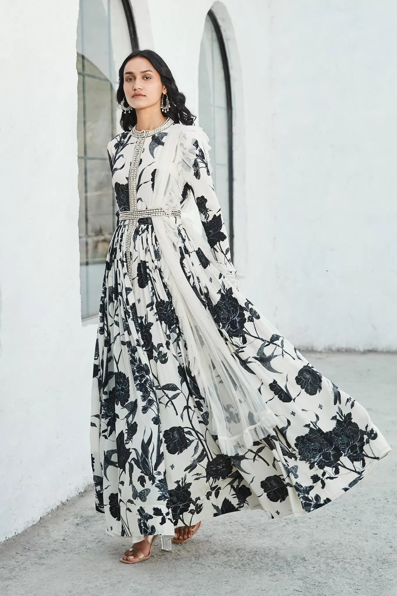 50Z894-RO Black & White Anarkali Full Sleeves Set