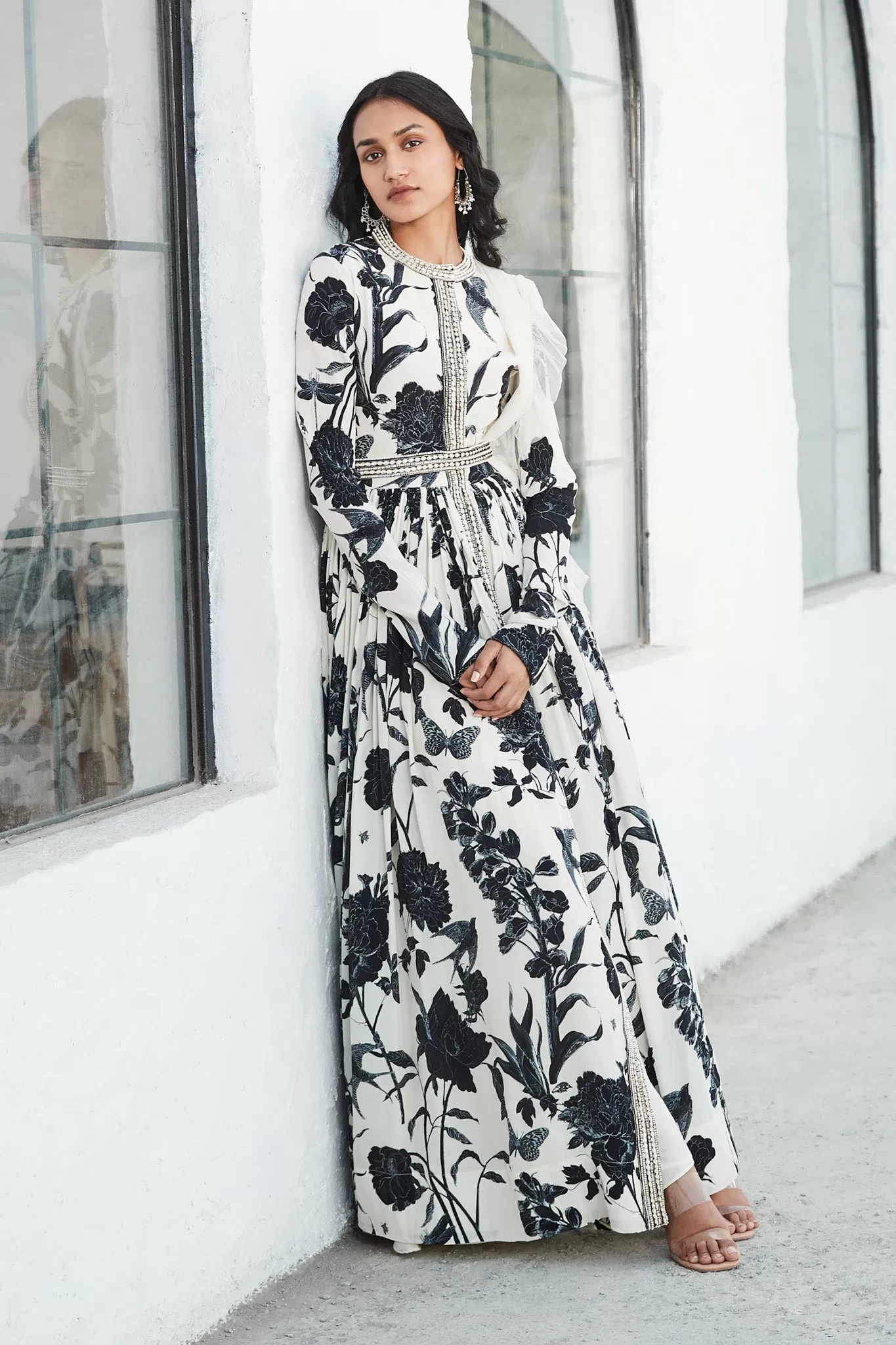 50Z894-RO Black & White Anarkali Full Sleeves Set