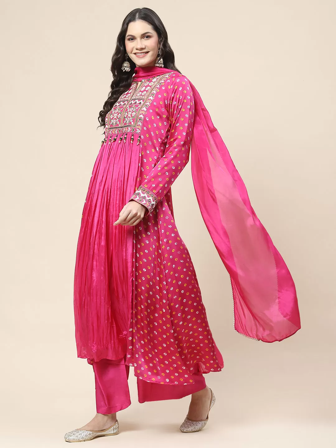 Bandhani Printed Crepe Kurta With Pants & Dupatta