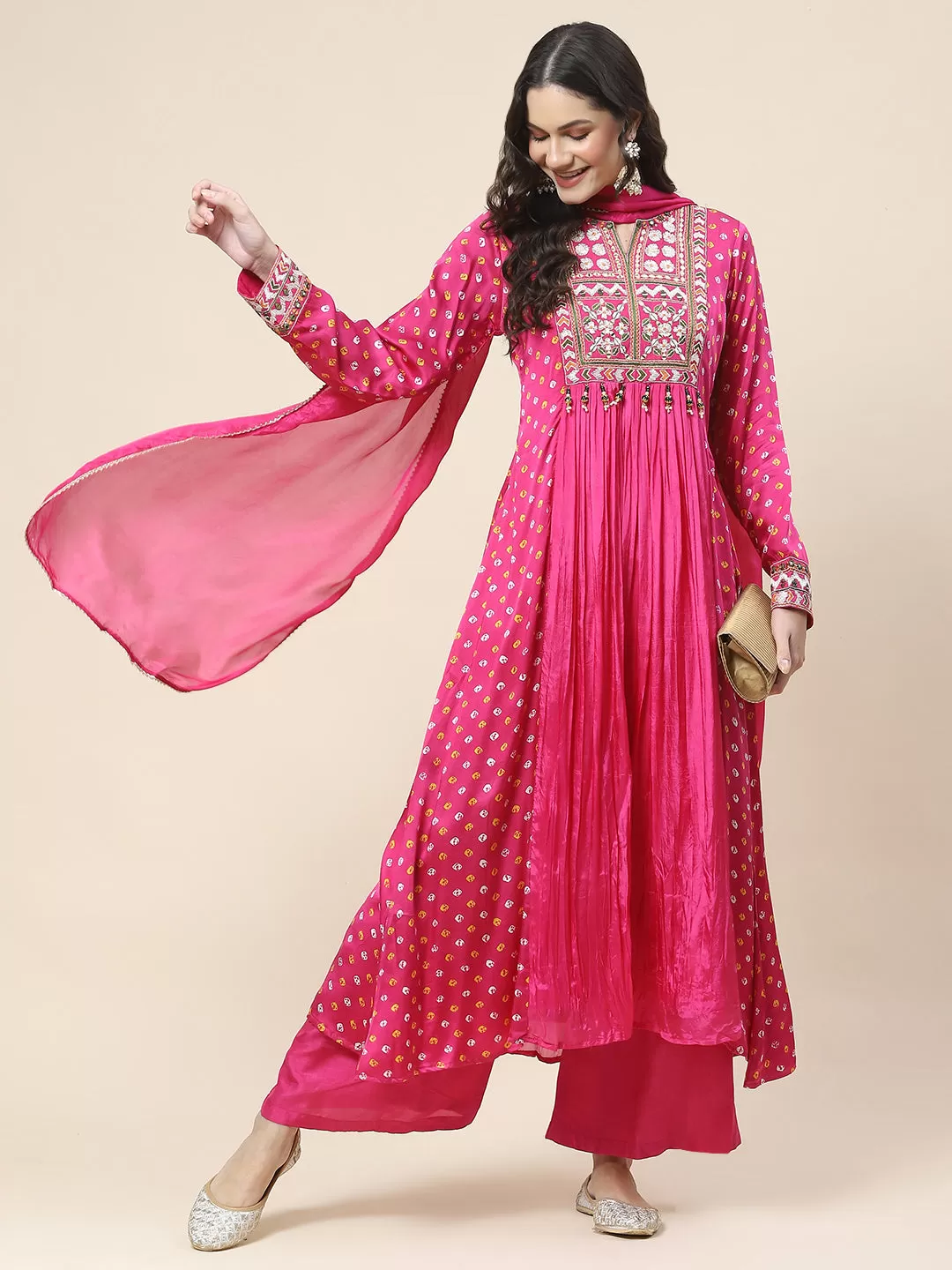 Bandhani Printed Crepe Kurta With Pants & Dupatta