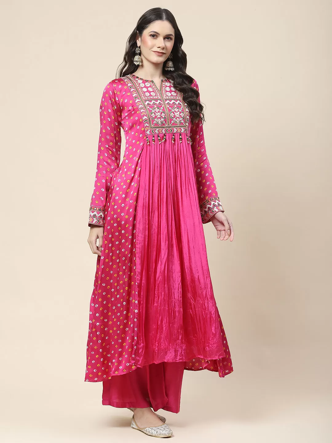 Bandhani Printed Crepe Kurta With Pants & Dupatta