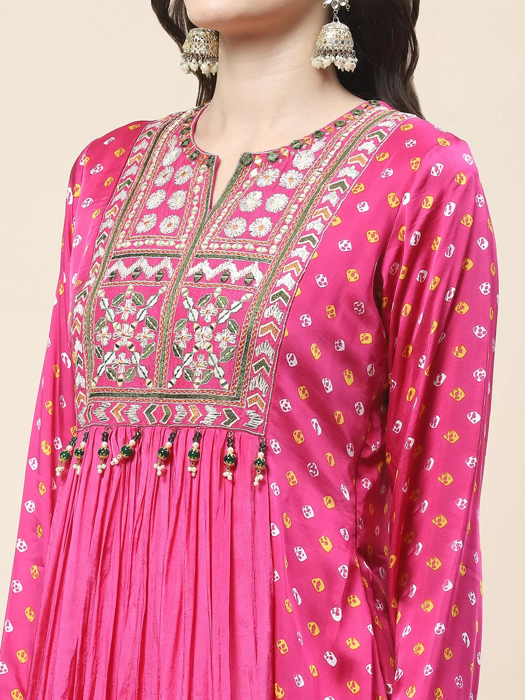 Bandhani Printed Crepe Kurta With Pants & Dupatta