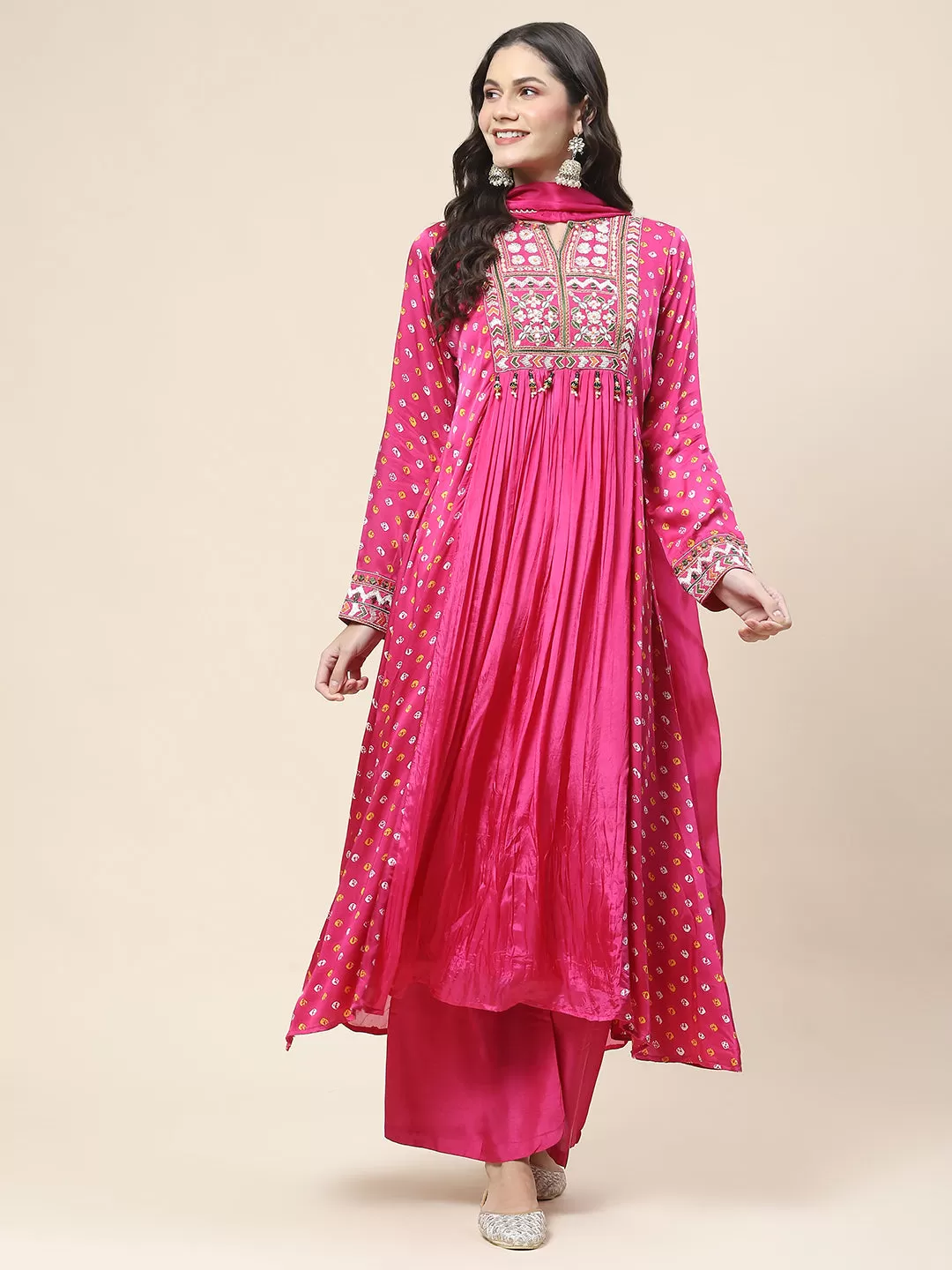 Bandhani Printed Crepe Kurta With Pants & Dupatta