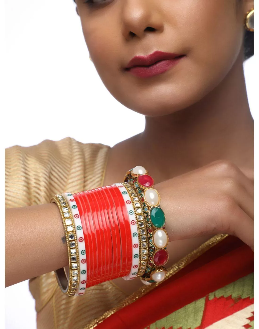 Beautiful Red Wedding Chura With Kundan Bangles