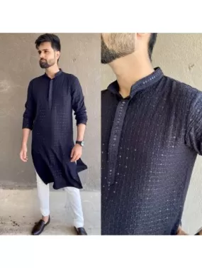 Black Rayon Chikankari Men Kurta with Payjama (Set 2)