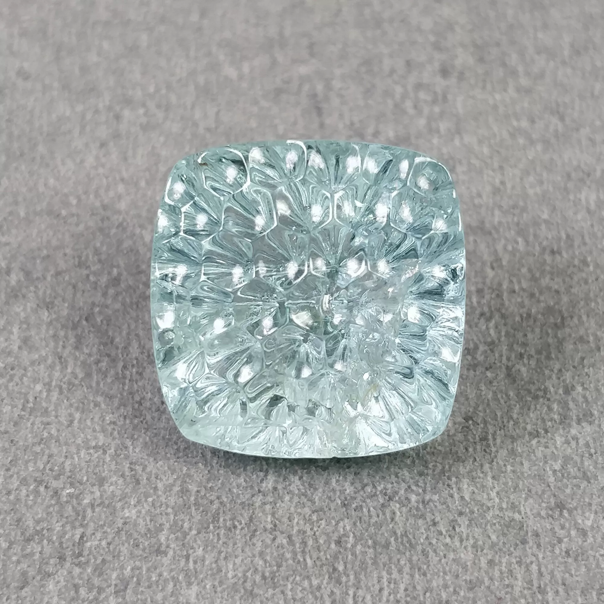 BLUE AQUAMARINE Gemstone Carving  : 18.10cts Natural Untreated Aqua Hand Carved Cushion Shape 16mm