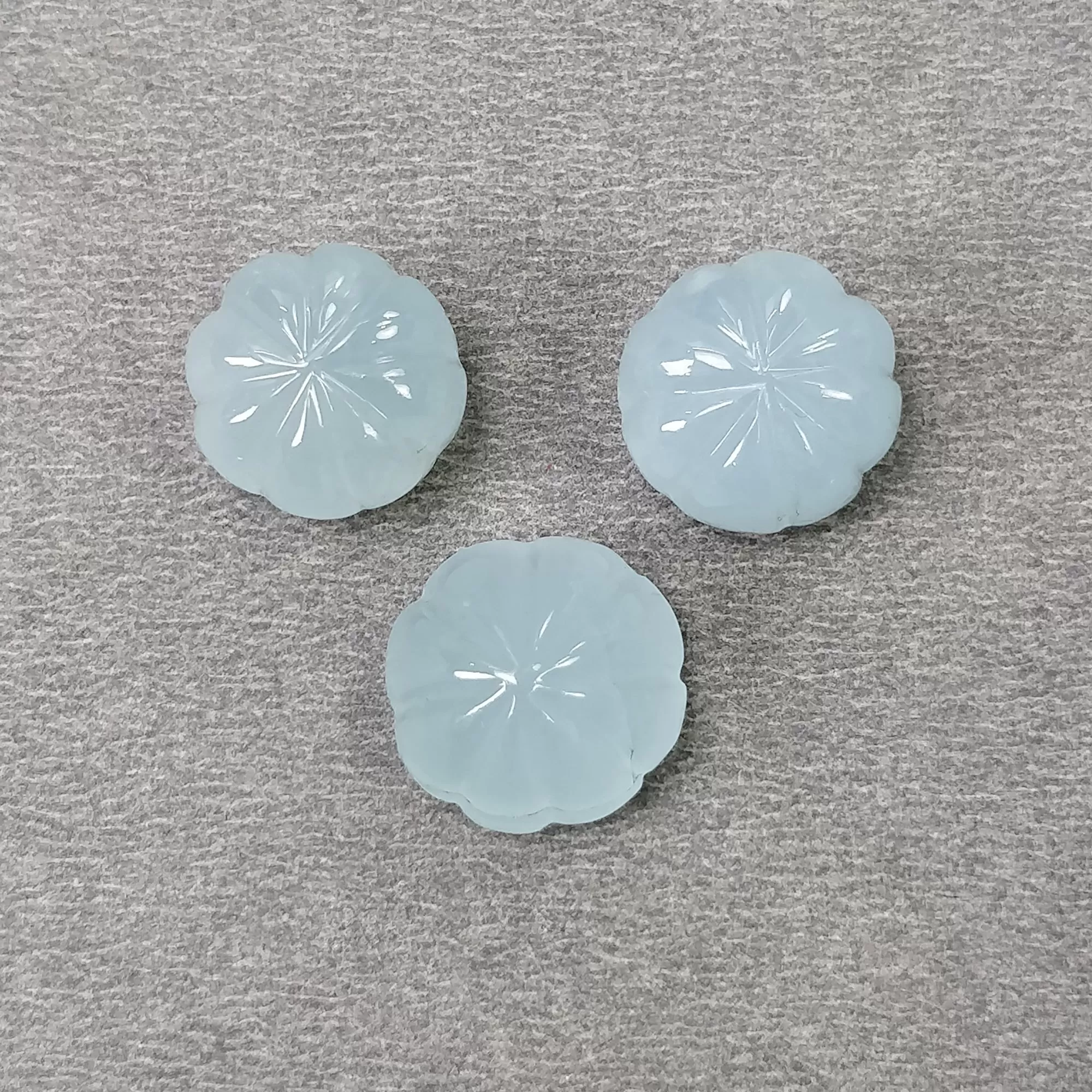 BLUE AQUAMARINE Gemstone Carving : 32.85cts Natural Untreated Milky Aqua Hand Carved Round 13mm - 14mm 3pcs