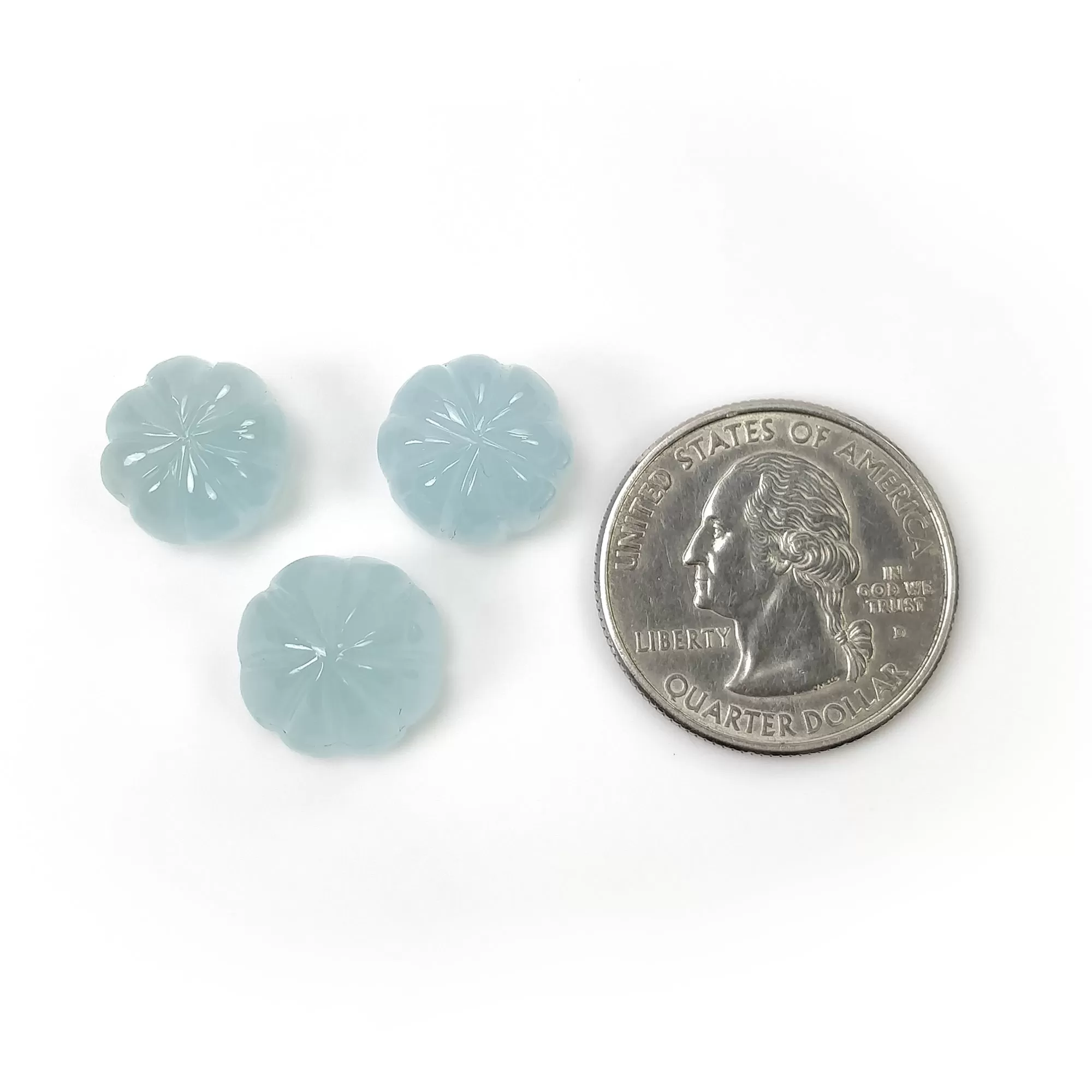 BLUE AQUAMARINE Gemstone Carving : 32.85cts Natural Untreated Milky Aqua Hand Carved Round 13mm - 14mm 3pcs