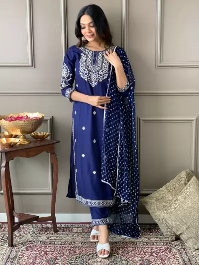 Blue Embroidery Salwar Suit Set of 3