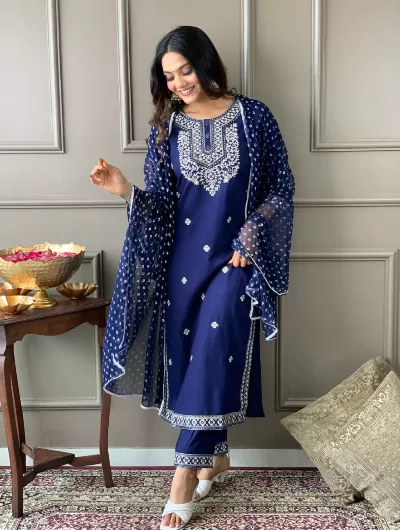 Blue Embroidery Salwar Suit Set of 3