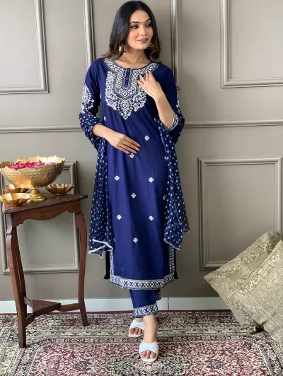 Blue Embroidery Salwar Suit Set of 3