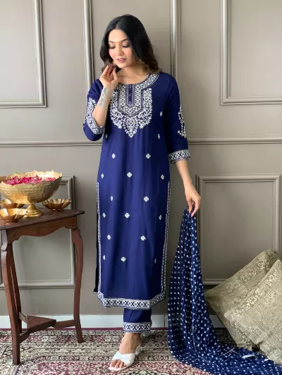 Blue Embroidery Salwar Suit Set of 3