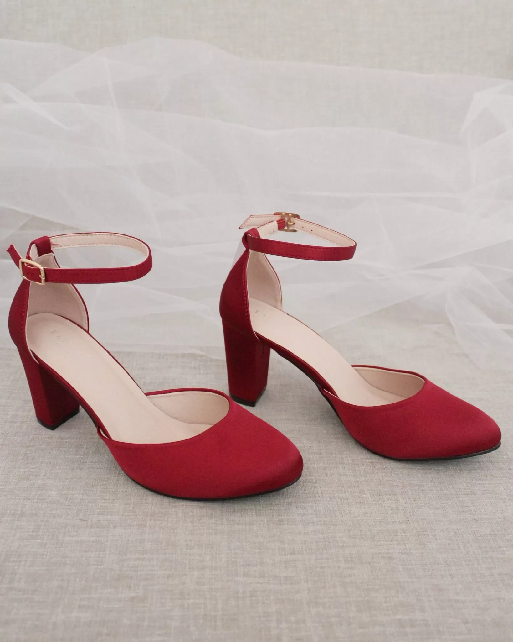 Burgundy Satin Block Heel with Ankle Strap