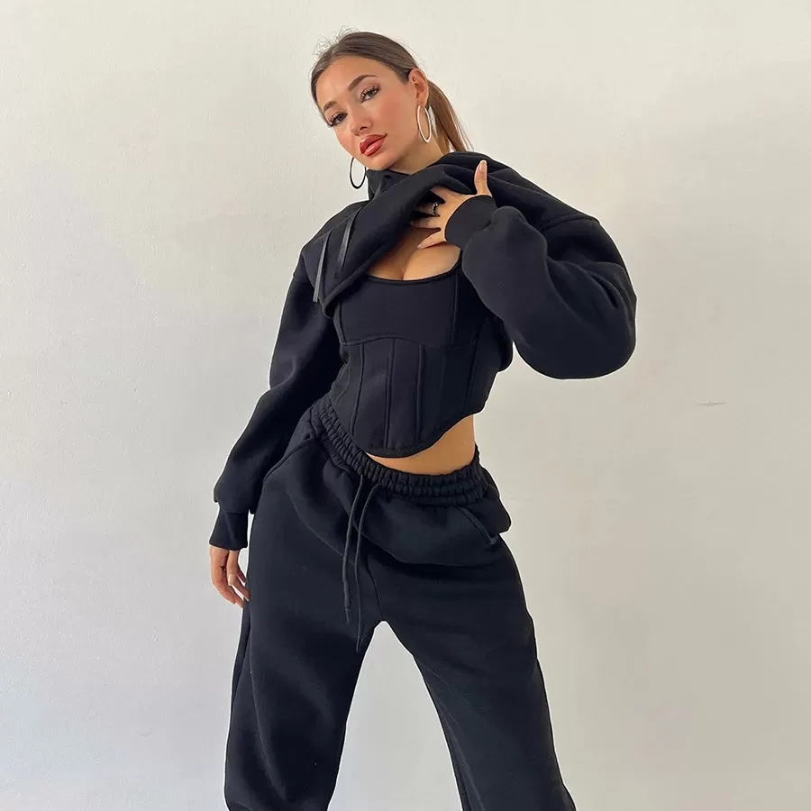 Classic Tanks  Long Sleeve Crop Top Bandage Pants Women's Set Jogger Street wear 3 Piece Pant Set