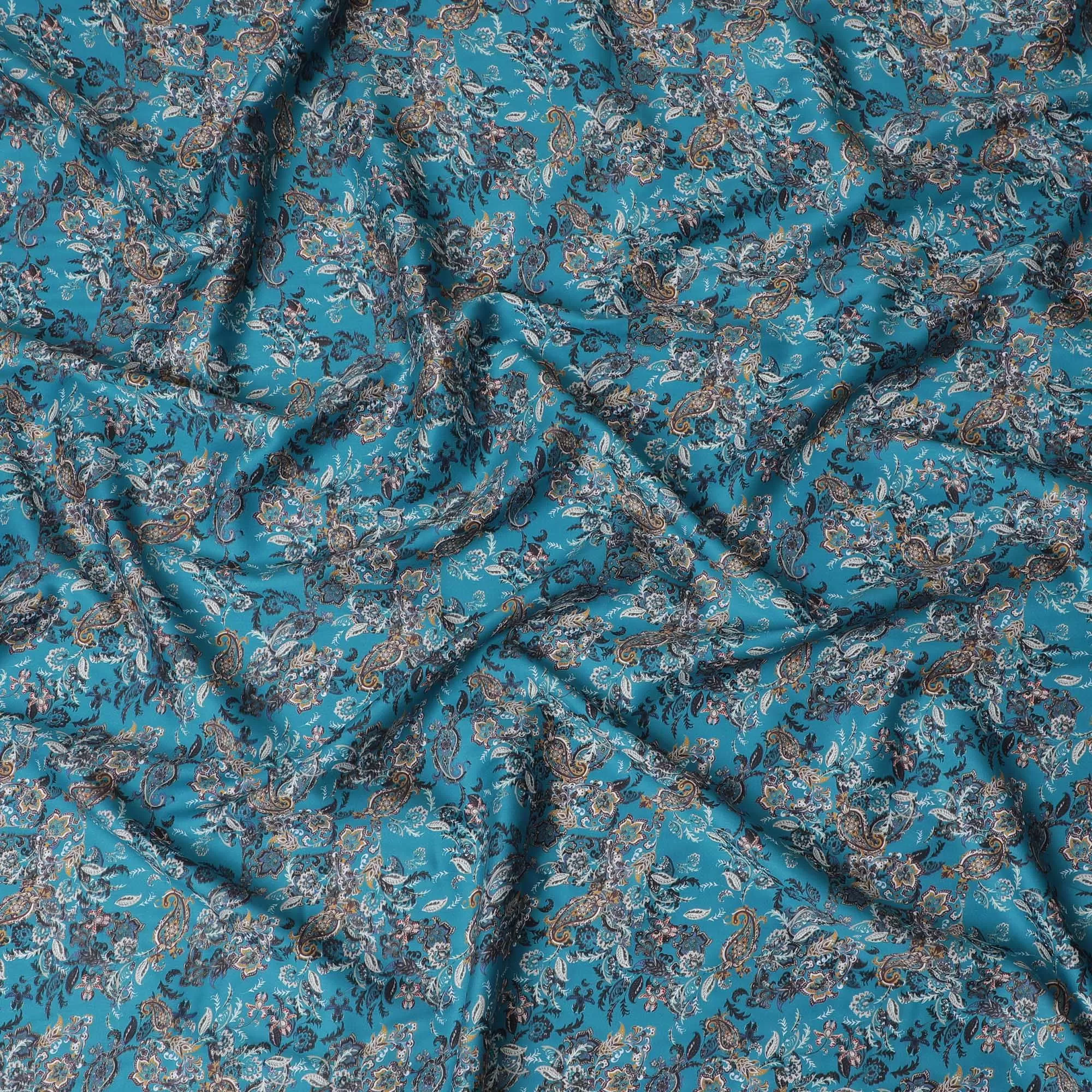 Dark Turquoise Cotton Satin Fabric: Vibrant Elegance in Print-D17591