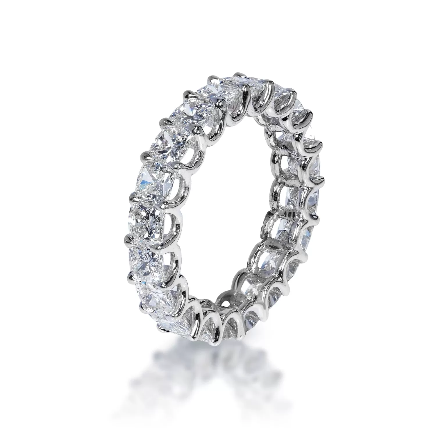 Ellis 4 Carats Cushion Cut Diamond Eternity Ring in 18k White Gold U-Shape Shared Prong