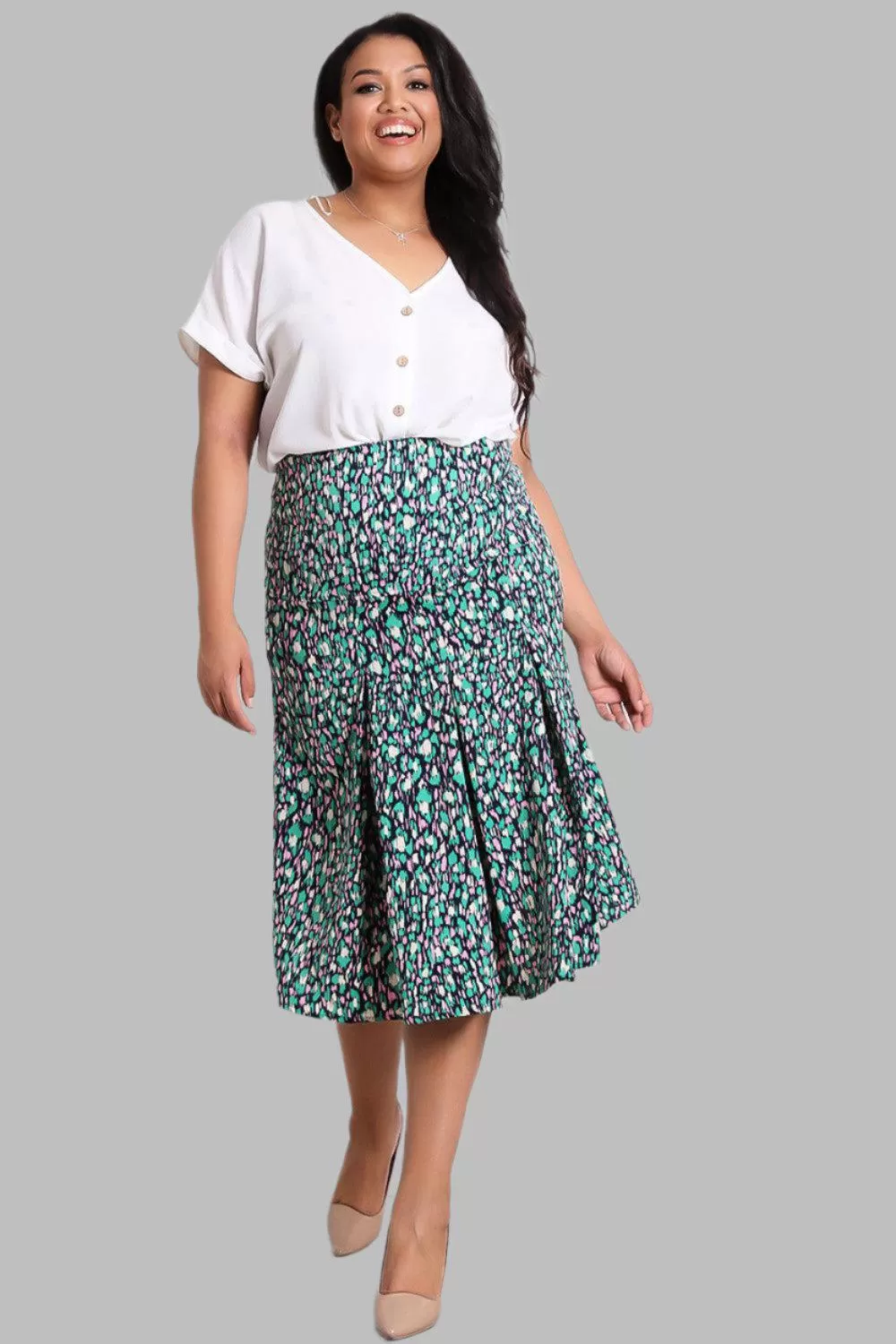 Green Pink Brush Strokes Print Satin Skirt