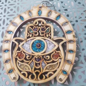 Horseshoe Hamsa for home.  Evil Eye symbol and flowers.  Home Blessing Israeli Jewish Gift