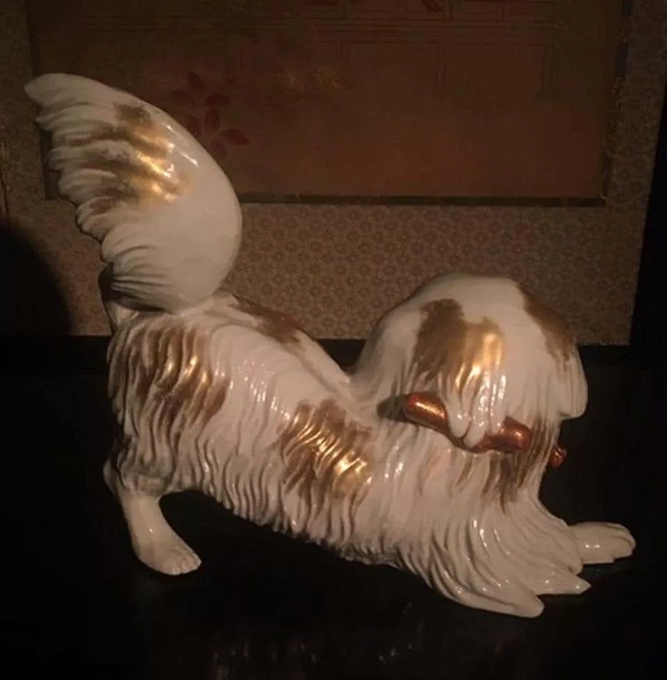 Japanese Kutani Porcelain Pekinese Dog Playing with Shinto Shrine Bell