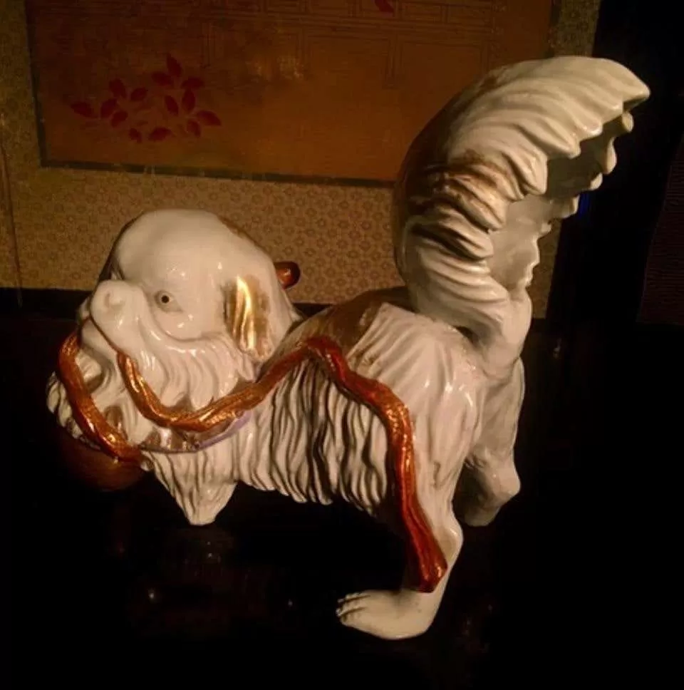 Japanese Kutani Porcelain Pekinese Dog Playing with Shinto Shrine Bell