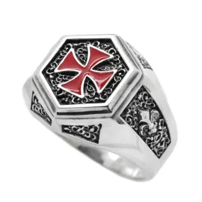 Knights Templar Ring, The Order of Solomon Temple Signet with Cross Red Enamel