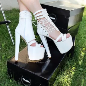 Lace Up White Patent 19 cm High Heel Booties