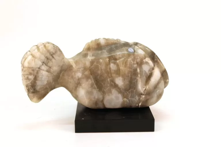 Mid-Century Modern Blowfish Sculpture in White Stone with Glass Marble Eyes