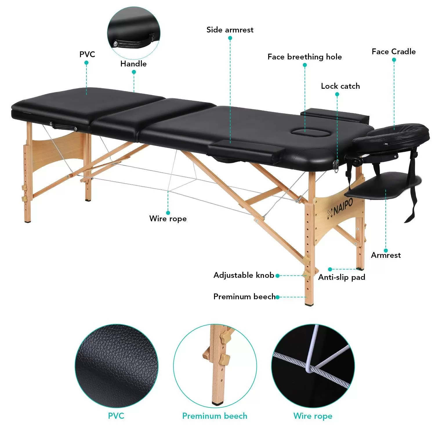 Naipo Portable Massage Table Professional Adjustable Folding Bed with 3 Sections Wooden Frame Ergonomic Headrest and Carrying Bag for Therapy Tattoo Salon Spa Facial Treatment