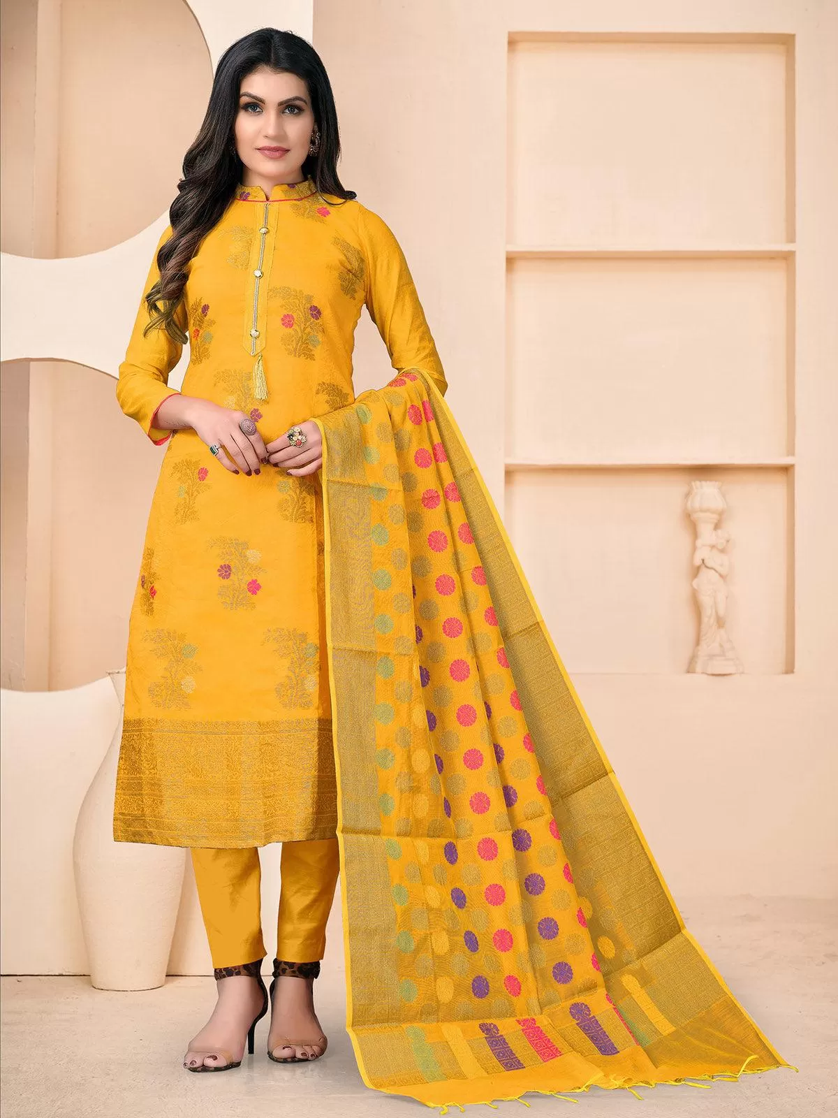 Odette Women Self Print Yellow Banarasi Jacquard Woven Designer Semi Stitched Kurta Set