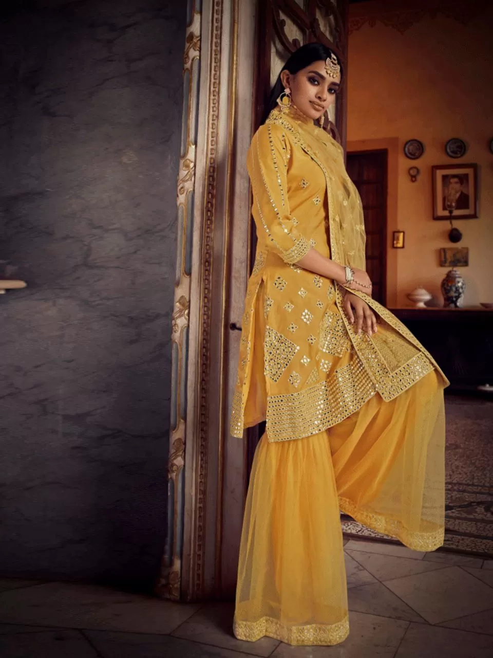 Odette Women Yellow Elegant Organza Semi Stitched Kurta Set