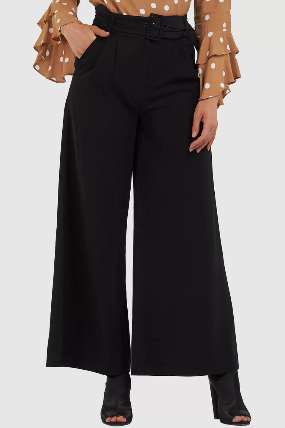 Orlando Self Belt Wide Leg Black Pant