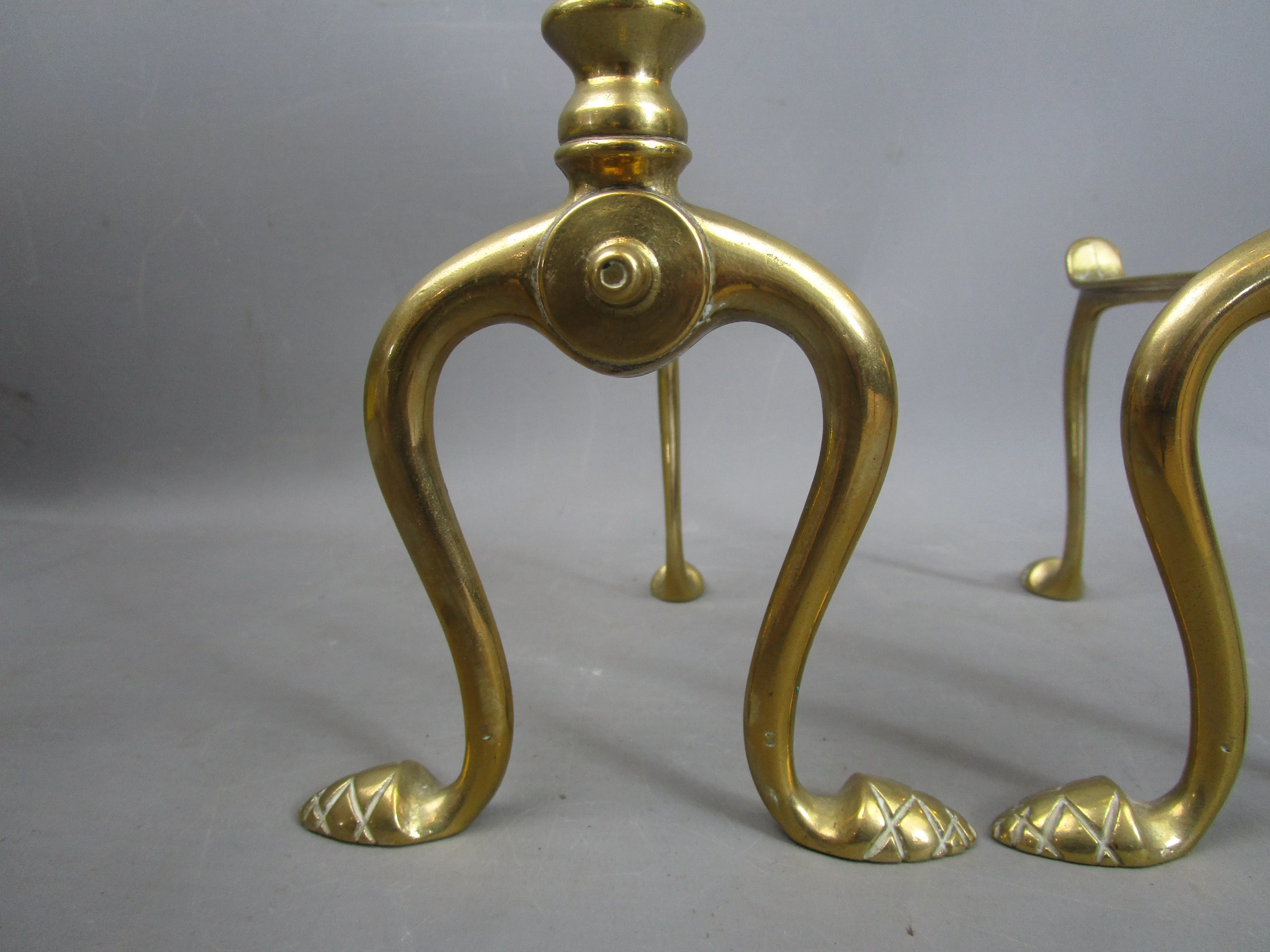 Pair Of Twin Footed Brass Fire Dog Andirons Antique Victorian c1860