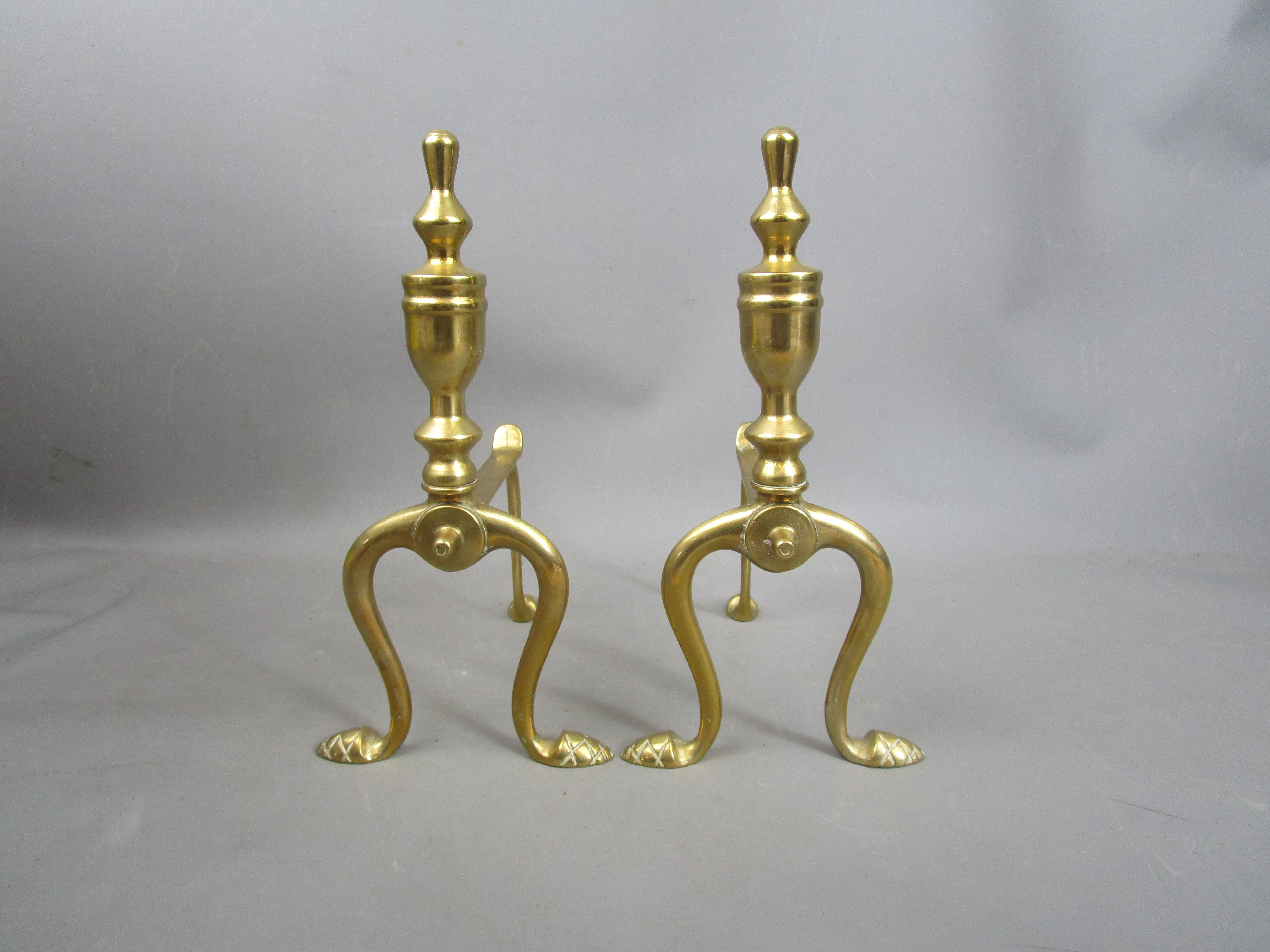 Pair Of Twin Footed Brass Fire Dog Andirons Antique Victorian c1860