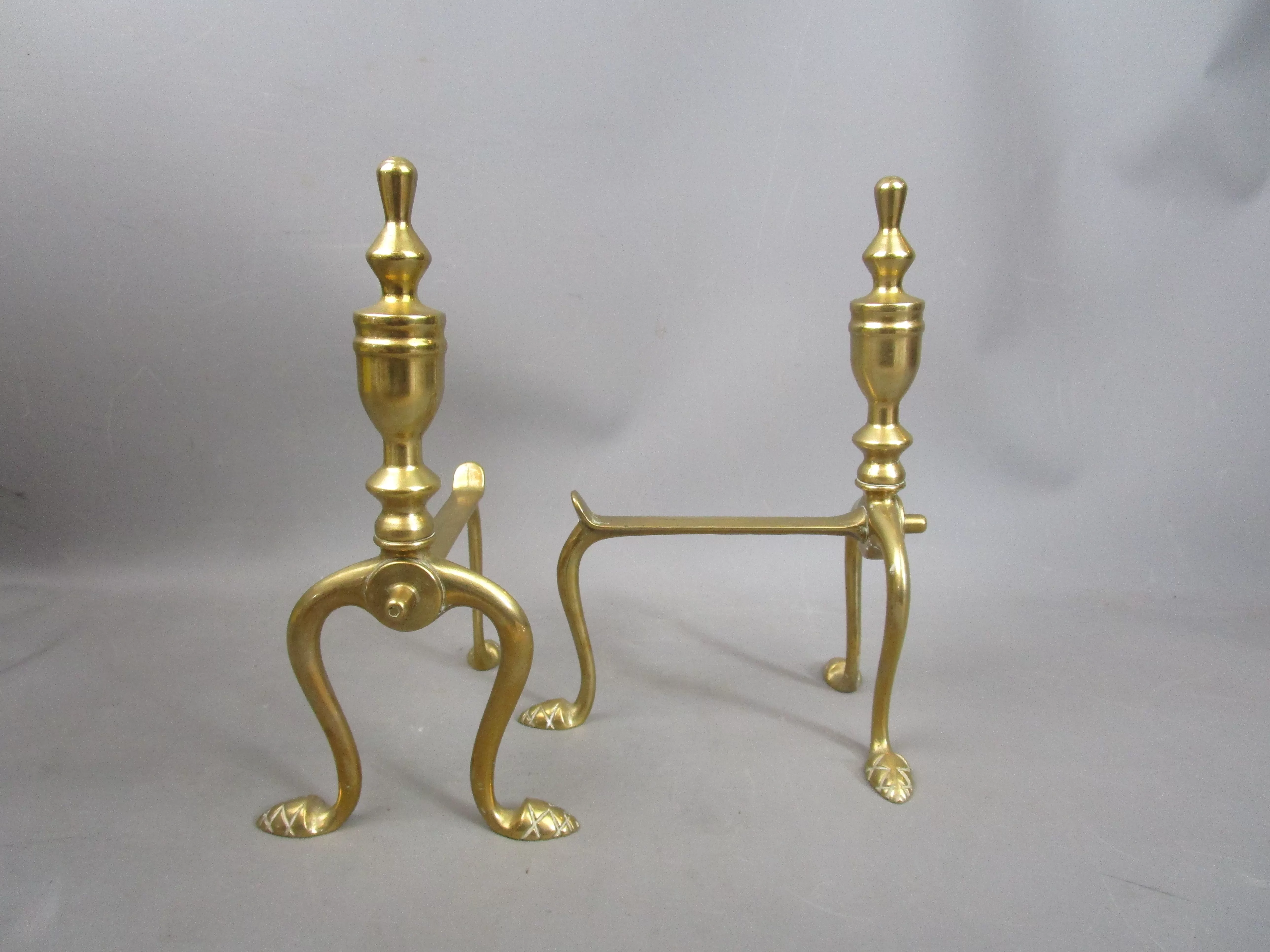 Pair Of Twin Footed Brass Fire Dog Andirons Antique Victorian c1860