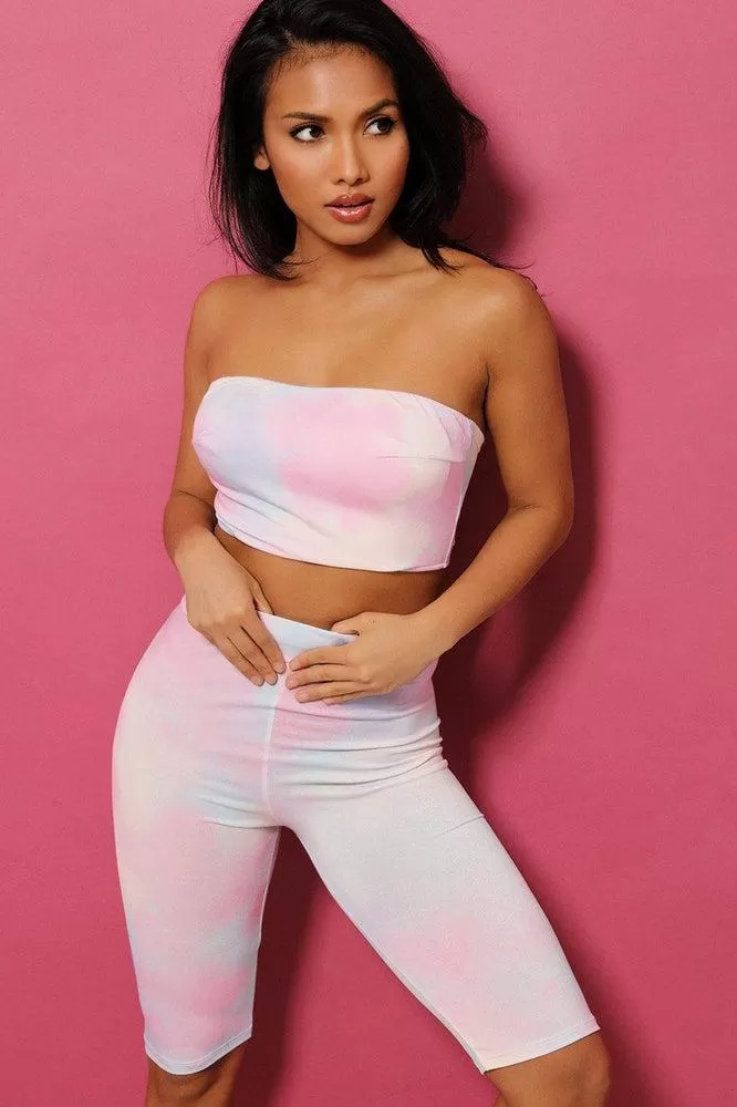 Pink Tie Dye Bandeau Crop Top And Cycling Shorts Set