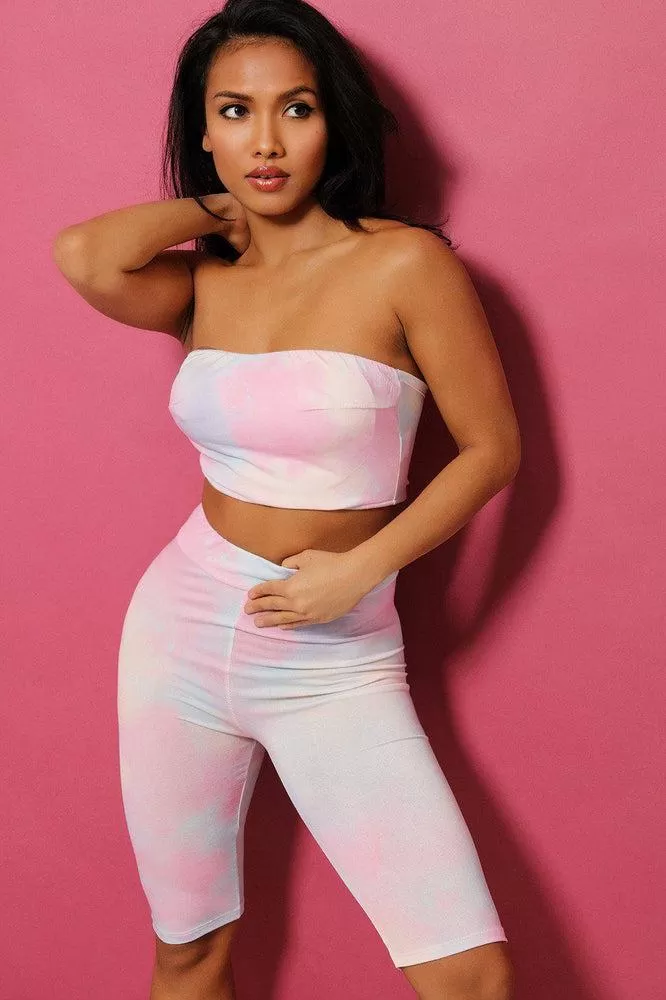 Pink Tie Dye Bandeau Crop Top And Cycling Shorts Set