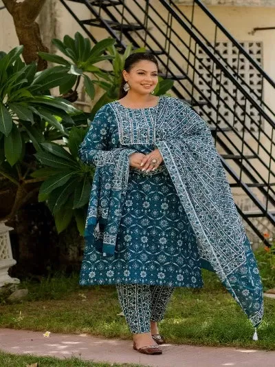 Plus Size Blue Cotton Printed Readymade Salwar Suit