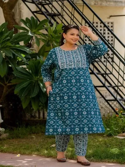 Plus Size Blue Cotton Printed Readymade Salwar Suit