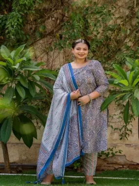 Plus Size Blue Green Cotton Jaipuri Print Readymade Salwar Suit