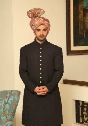 Premium Georgette Black Sherwani with Pink Turban