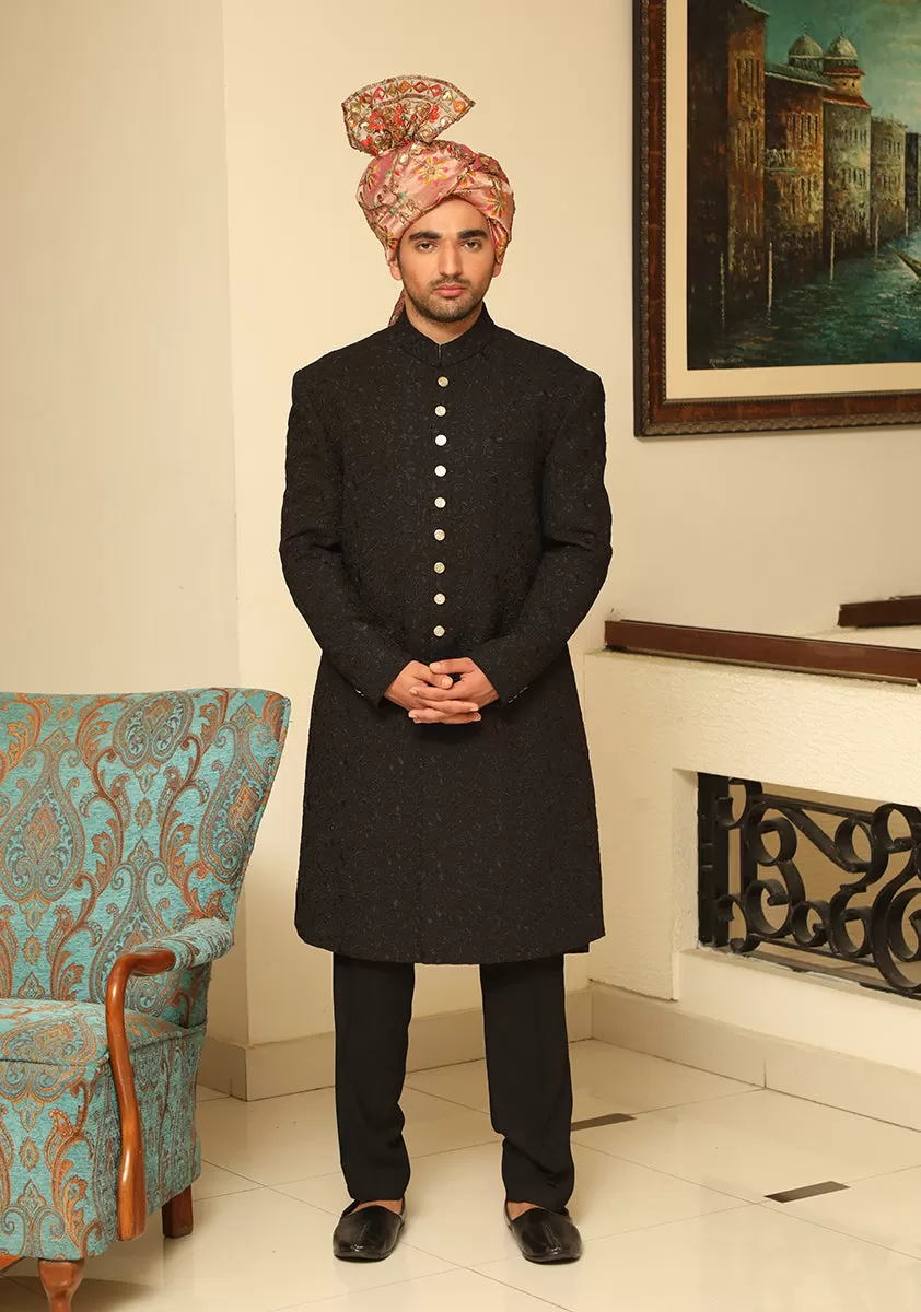 Premium Georgette Black Sherwani with Pink Turban