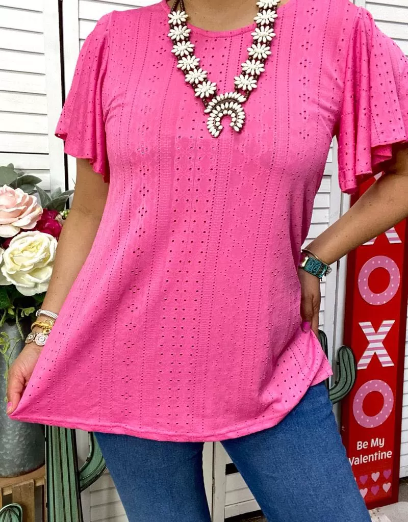 S, L, 3X Pink eyelet top with ruffle sleeves