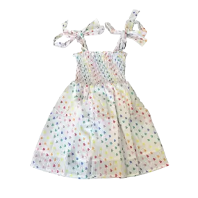 Tweenstyle by Stoopher Rainbow Heart Print Smocked Tie Strap Dress