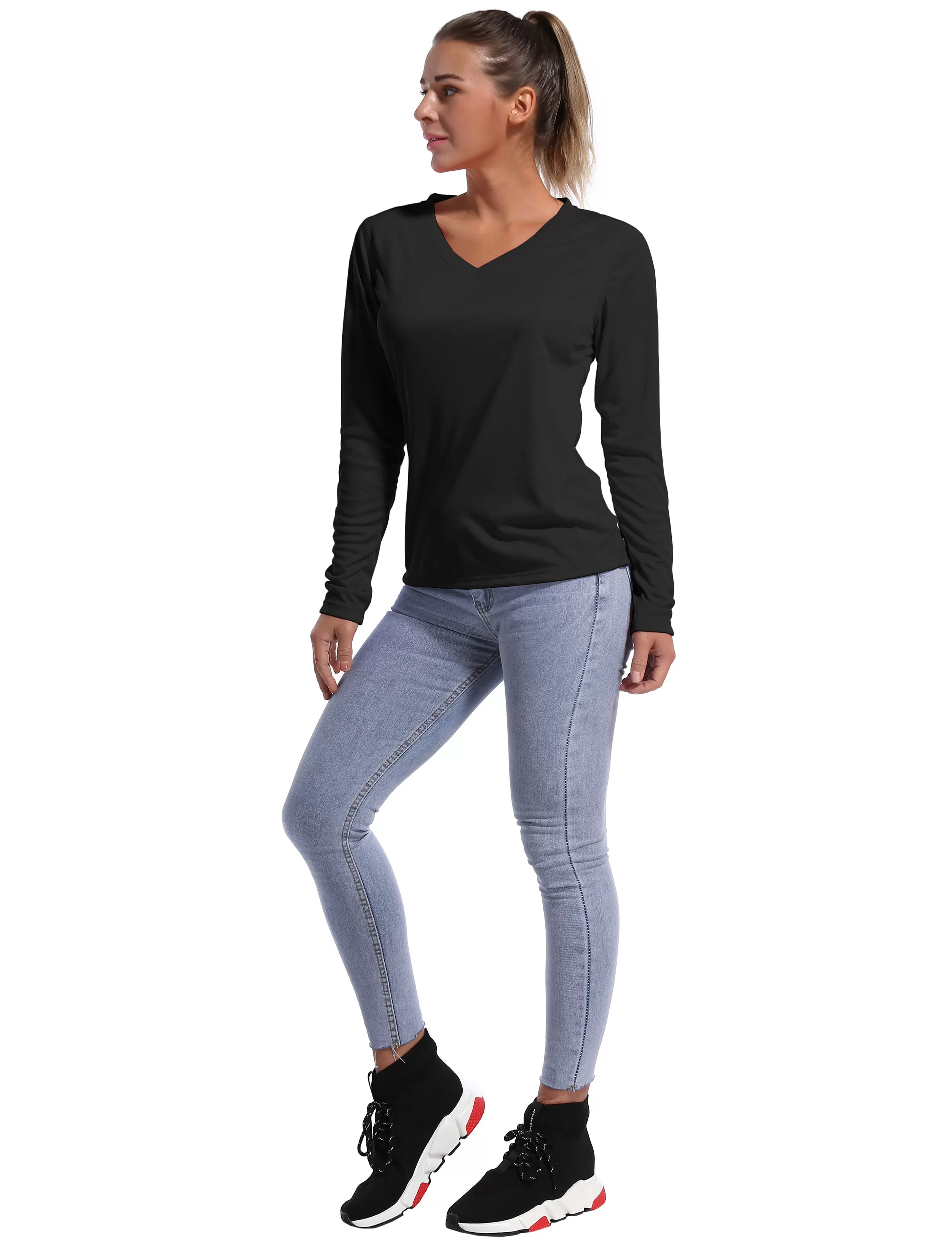 V Neck Long Sleeve Athletic Shirts black