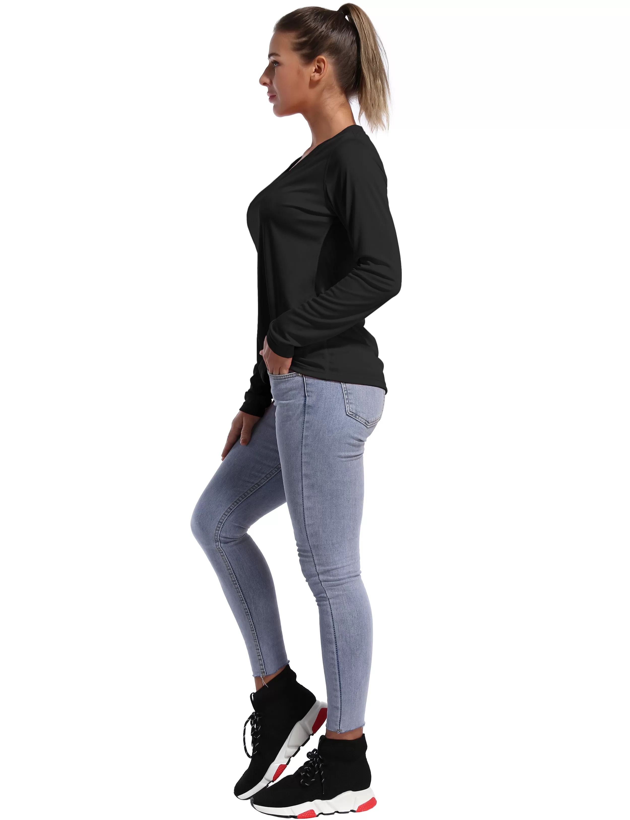 V Neck Long Sleeve Athletic Shirts black