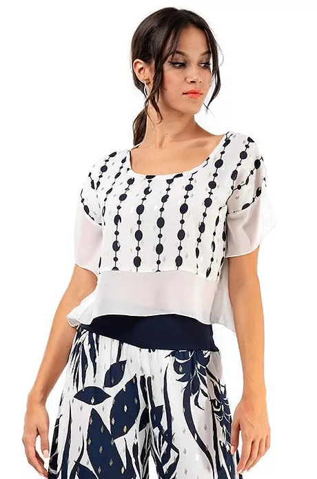 White Boxy Co-ord Crop Top With Dark Blue & Silver Print