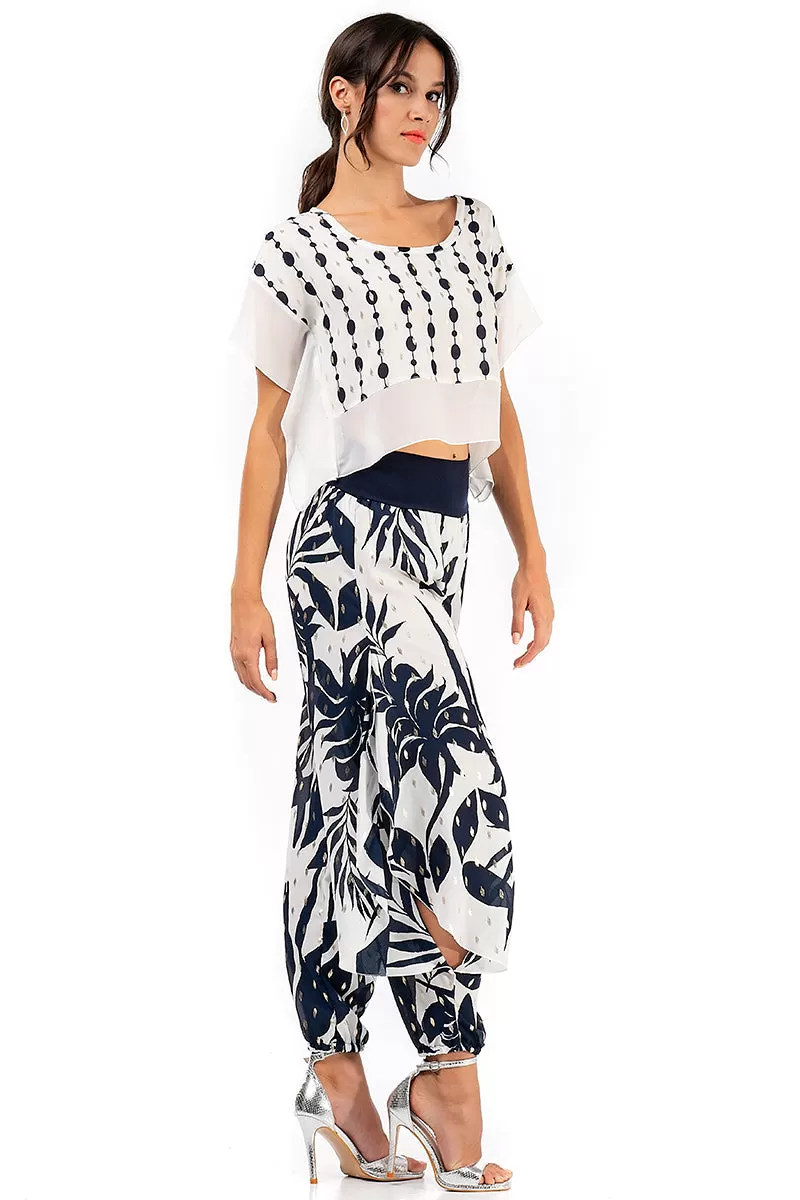 White Boxy Co-ord Crop Top With Dark Blue & Silver Print