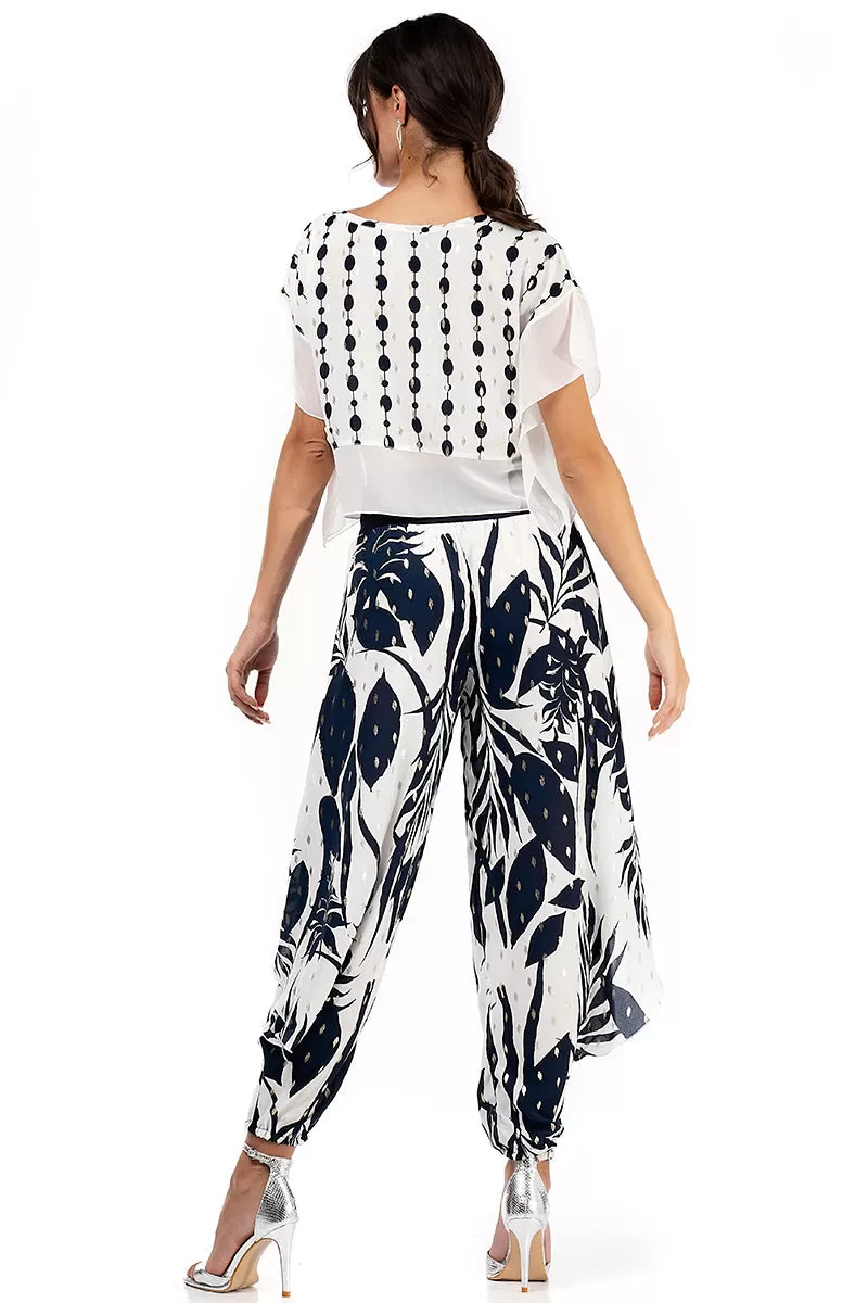 White Boxy Co-ord Crop Top With Dark Blue & Silver Print