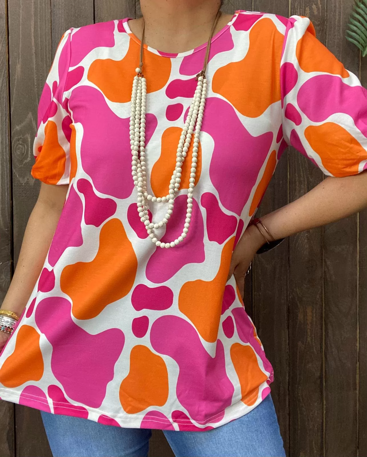 XL, 2X, 3X Pink and Orange cow print top